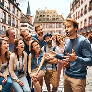 Guide racontant des histoires lors d'un free tour à Strasbourg