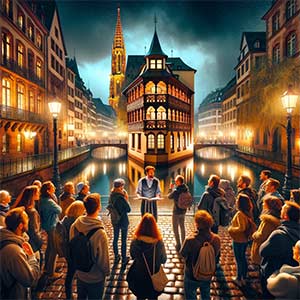 Guide présentant Strasbourg de nuit pendant un free tour