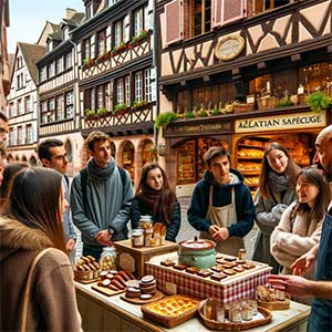 Guide présentant les spécialités culinaires alsaciennes lors d'un free tour à Strasbourg