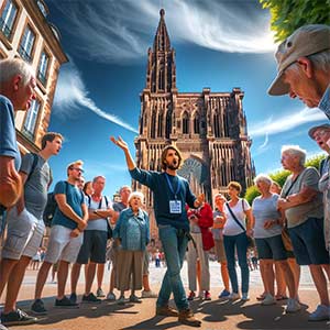 Guide commençant son free tour devant la cathédrale de strasbourg