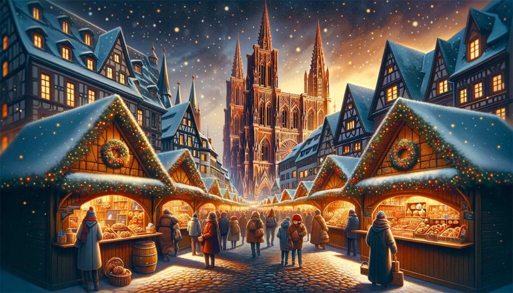 Illustration capturant l'essence du marché de Noël de Strasbourg avec la cathédrale dans le fond